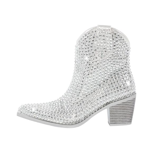 Onlymaker Rhinestone Pointed Toe Chunky Heel Ankle Boots - 12 - Picture 1 of 5